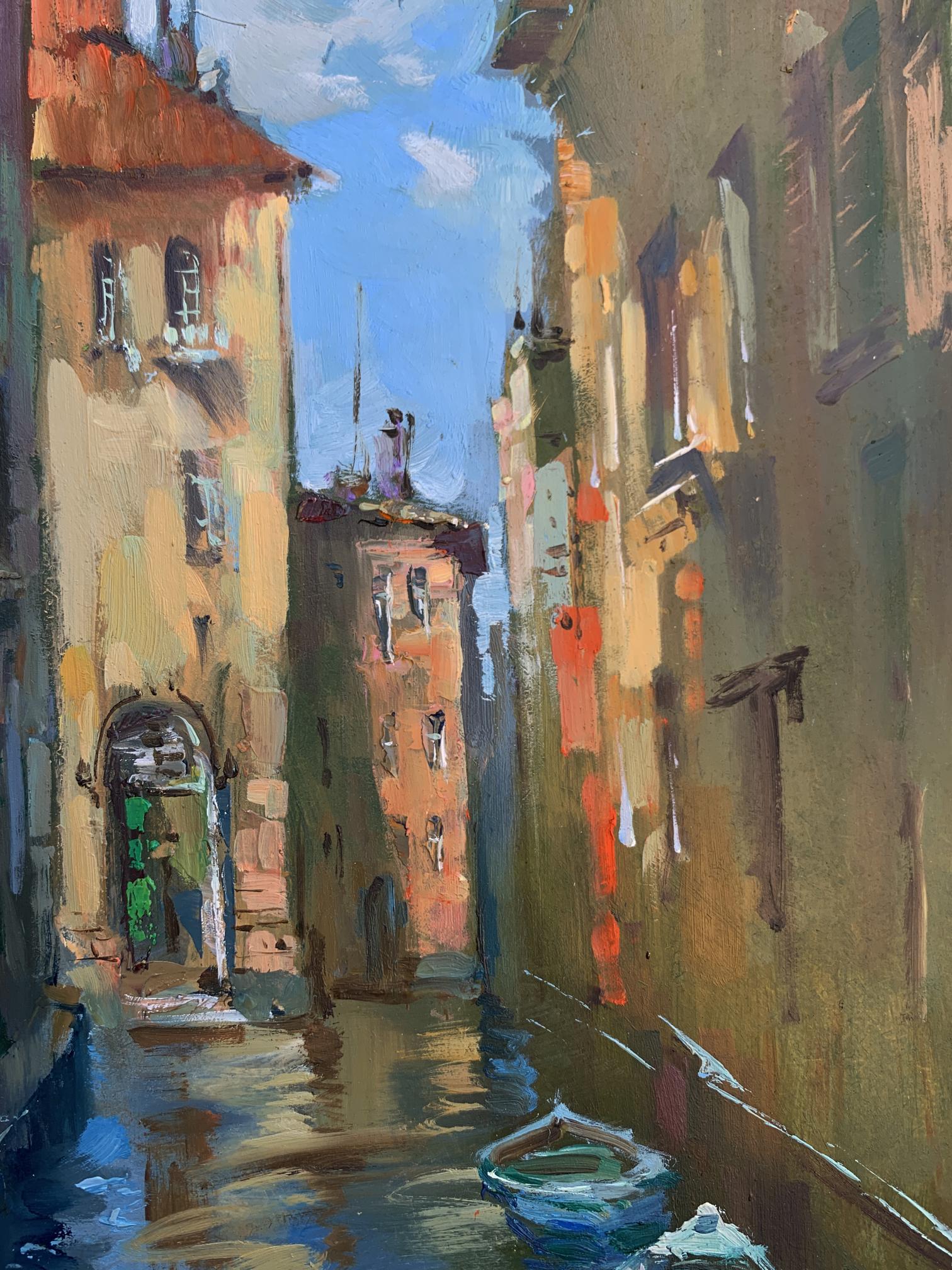 Vibrant impressionist oil painting of boats on narrow European canal by Yuriy Suprunchuk