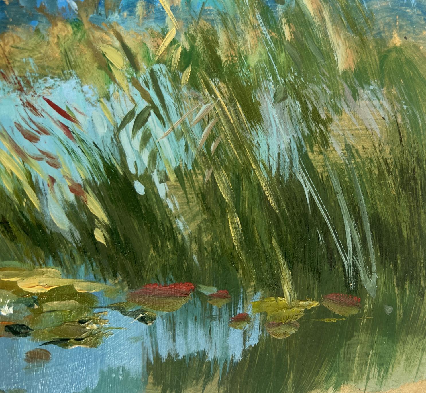 Vibrant impressionist oil painting by Yuriy Suprunchuk of green reeds and red lily pads on blue pond