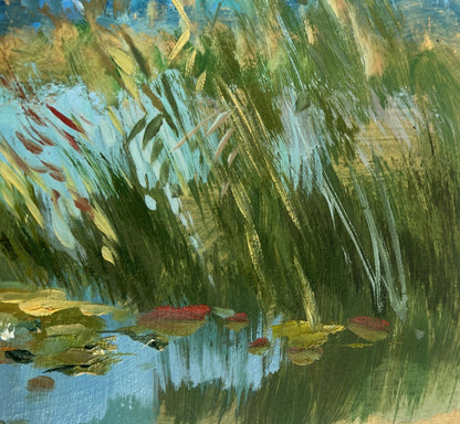 Vibrant impressionist oil painting by Yuriy Suprunchuk of green reeds and red lily pads on blue pond