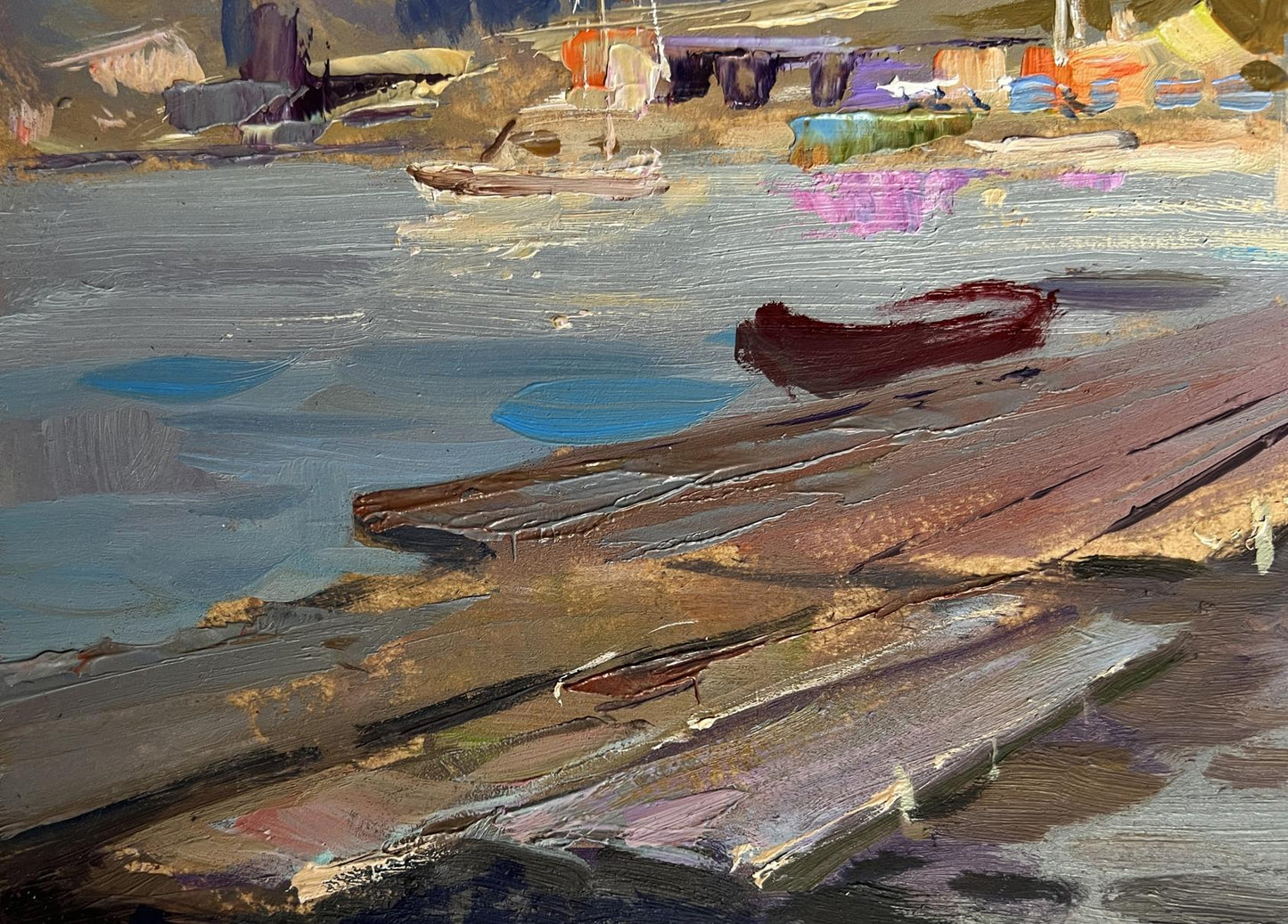 Oil painting Scarlet sunset on the ferry Yuriy Suprunchuk red rowboat scene