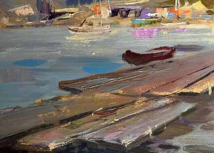 Oil painting Scarlet sunset on the ferry Yuriy Suprunchuk red rowboat scene