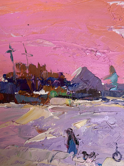 Oil painting It snowed in the evening by Oksana Ivanyuk with pink orange sky