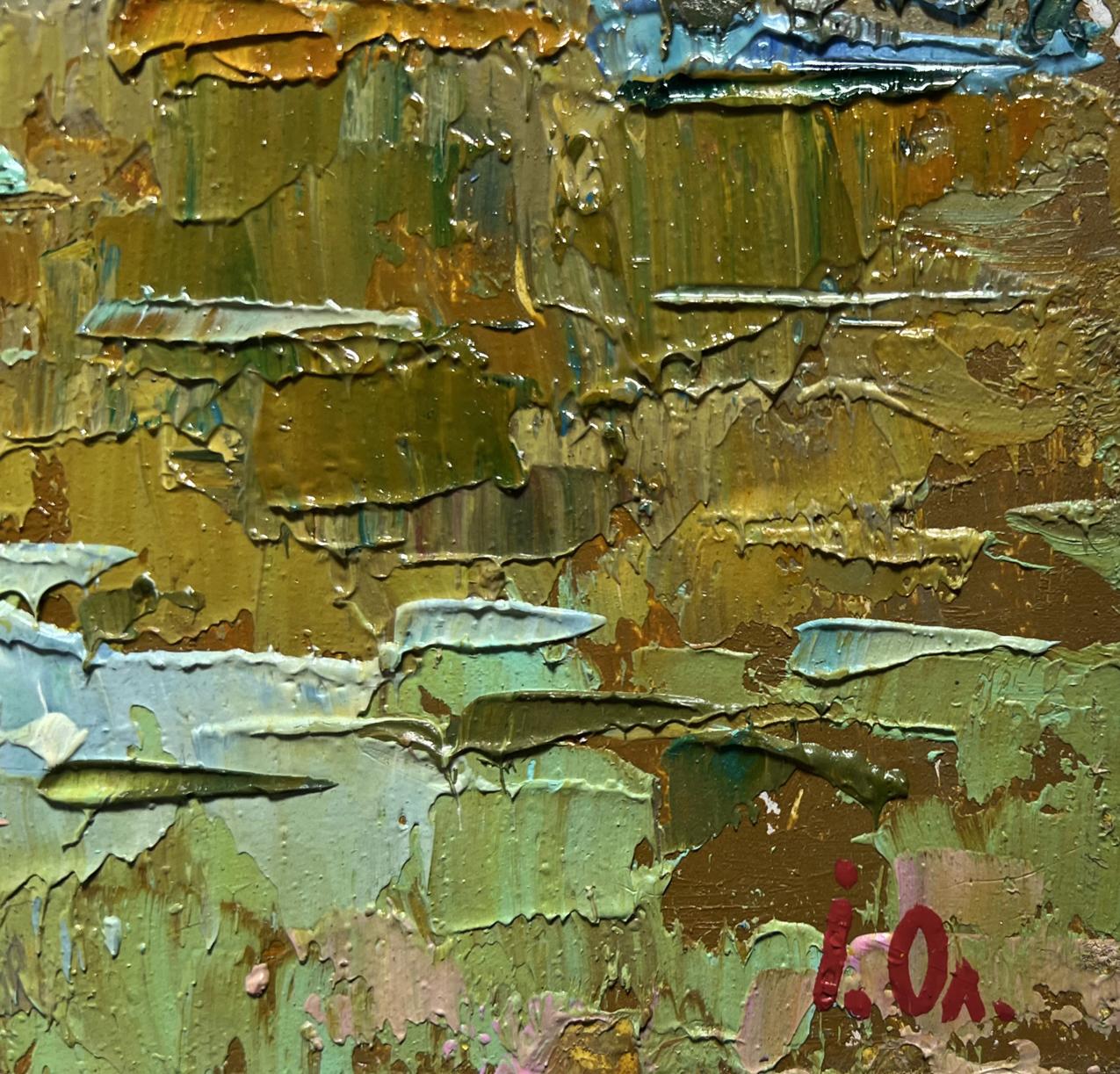 Oil painting The boats are sailing by Oleksiy Ivanyuk, textured greens and golds