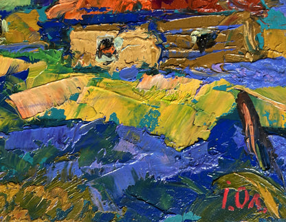 Vibrant impressionist oil painting of village and blue mountains by Oleksiy Ivanyuk