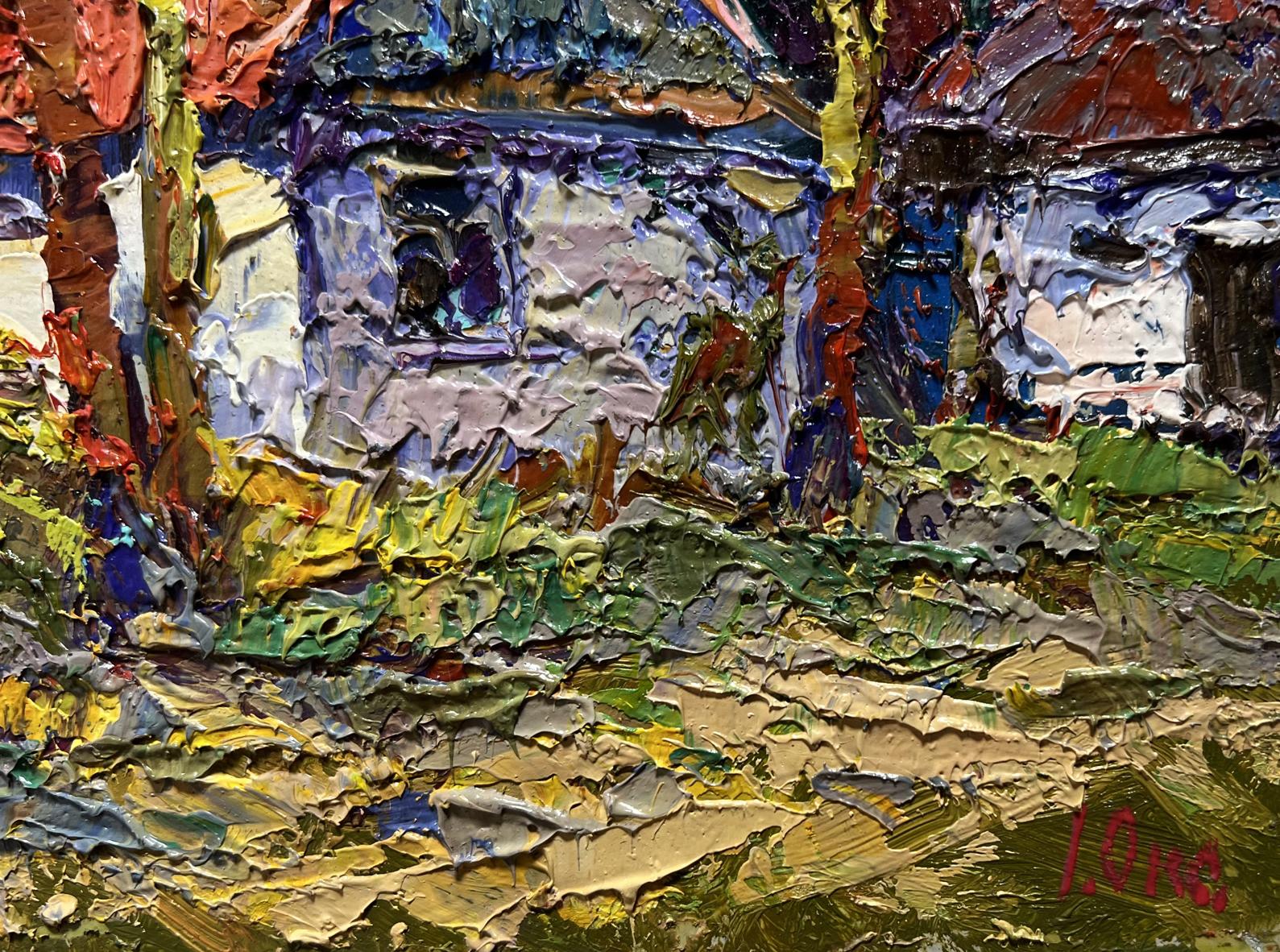 Vibrant impasto oil painting of Oksana Ivanyuks quiet village corner house