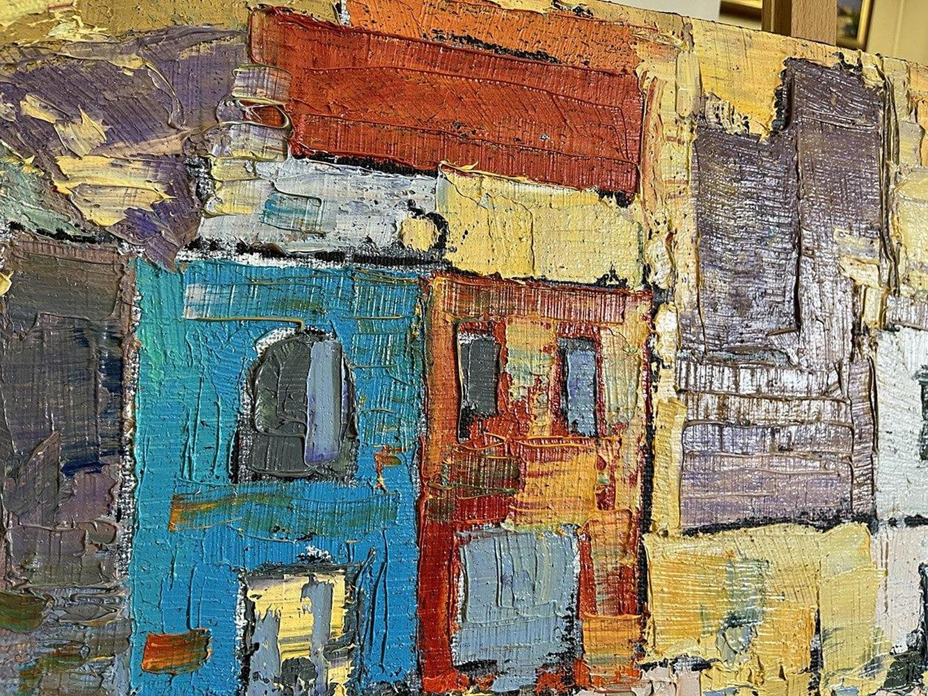 Vibrant oil painting by Serhiy Kovalev: colorful buildings in impasto blues, reds