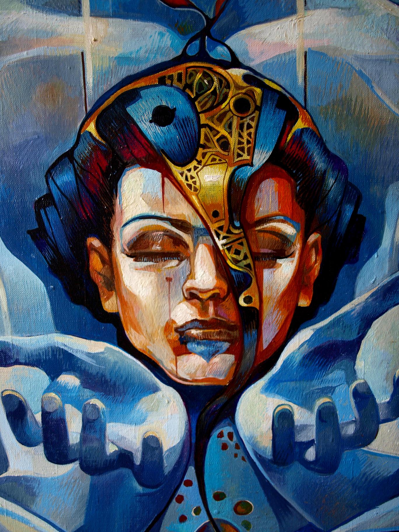 Oil painting Ashwattha by Konsta G. Amelinn: split face abstract art