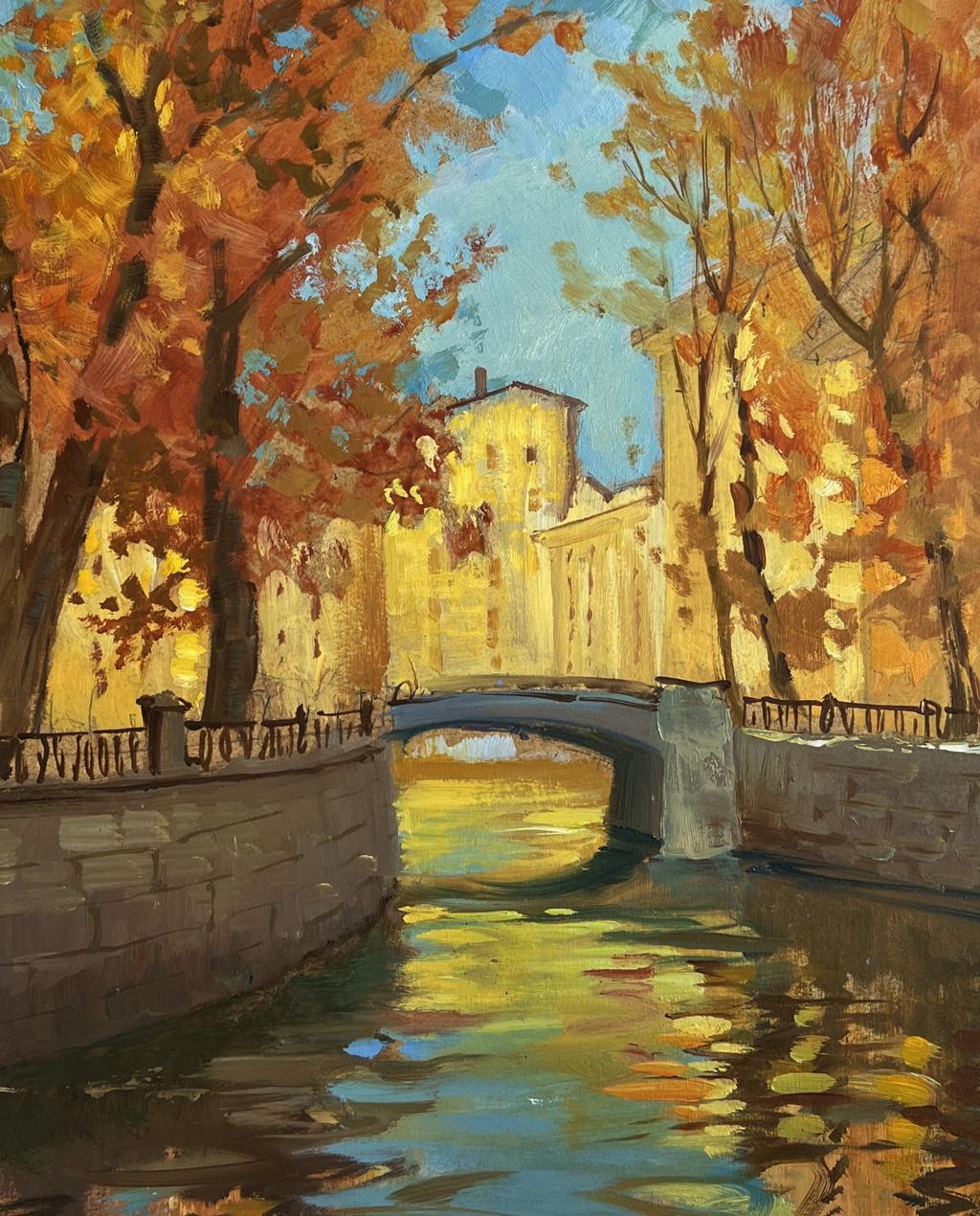 Oil painting Steps on the autumn bridge by Yuriy Suprunchuk