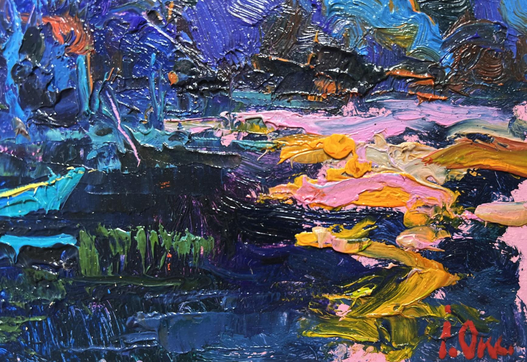 Vibrant Quiet Fishing oil painting by Oksana Ivanyuk with impasto blues, pinks