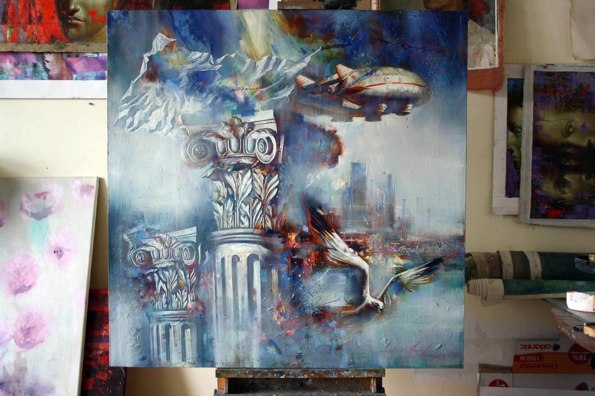 Oil painting Flight over the city by Alexander Dobrodiy with airship and eagle
