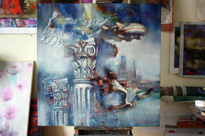 Oil painting Flight over the city by Alexander Dobrodiy with airship and eagle