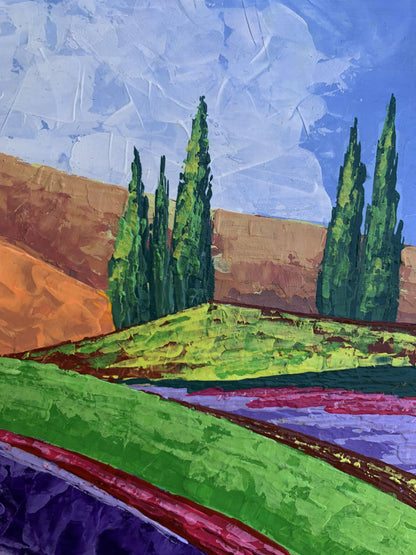 Vibrant impressionist oil painting In the Mountains by V. Zadorozhnya with cypress trees