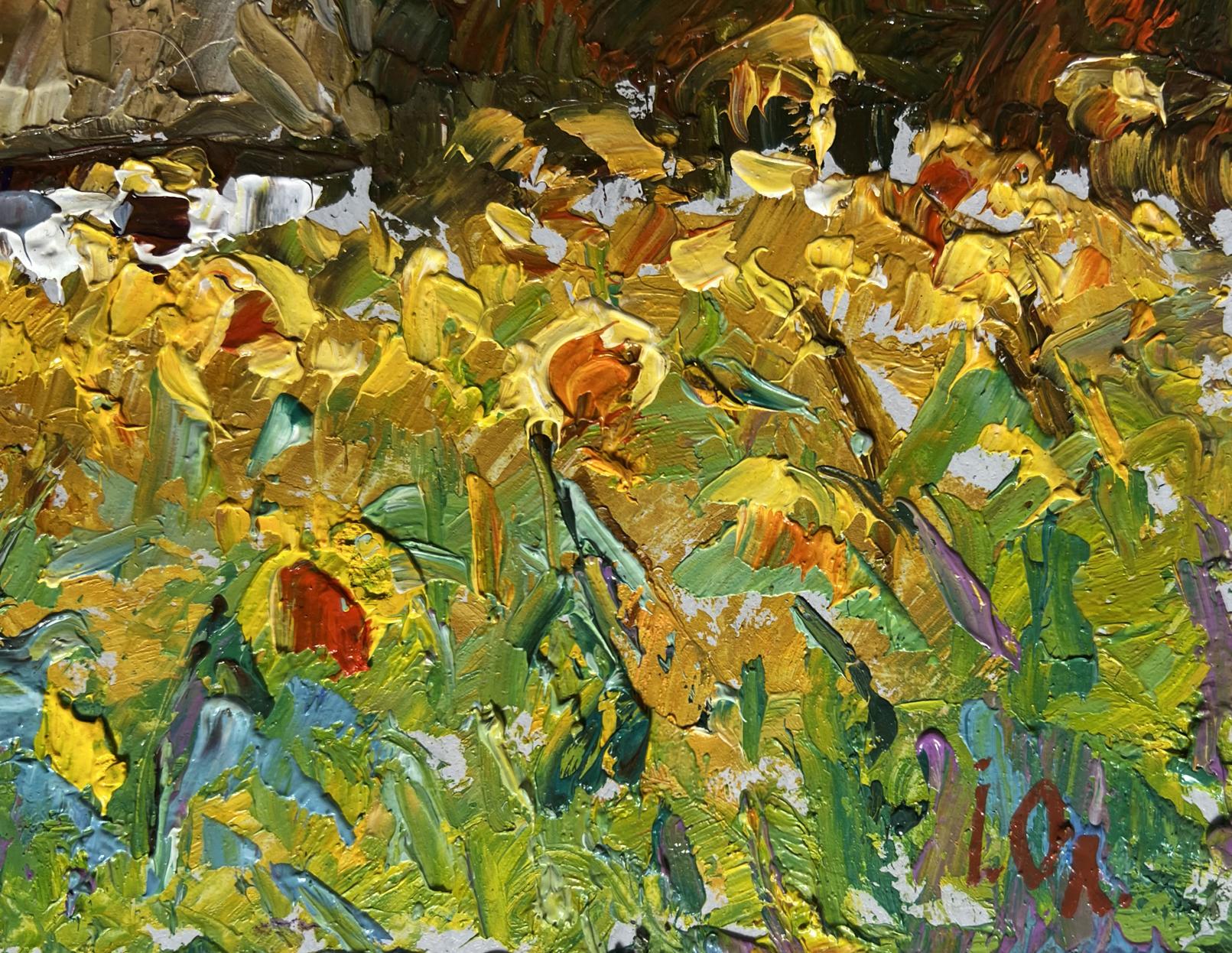 Vibrant impressionist oil painting of house, sunflowers and sunlit field by Oleksiy Ivanyuk