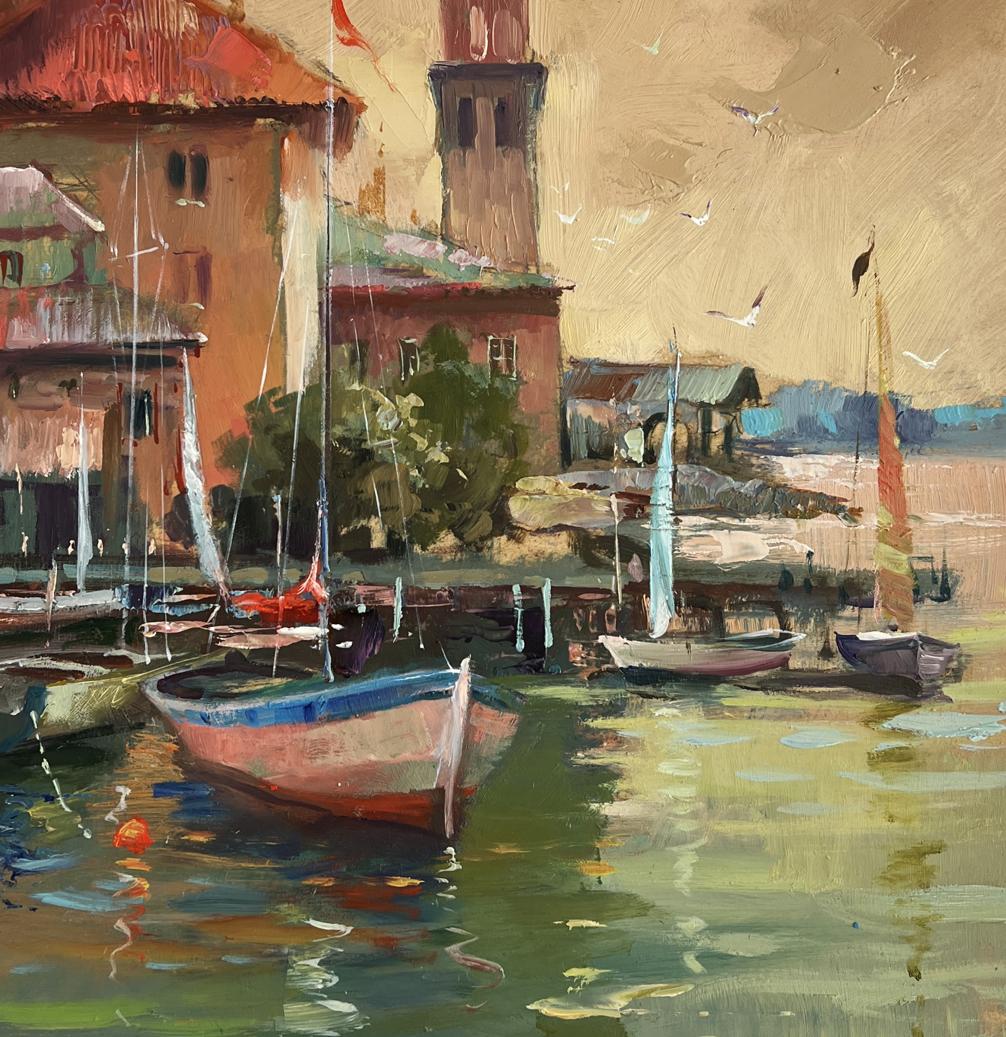 Oil painting of rustic red boat in Venice port sunset by Yuriy Suprunchuk
