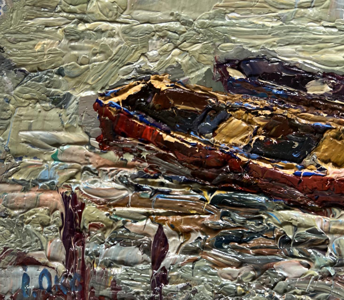 Oil painting of boats near pier by Oksana Ivanyuk, textured reds on gray waves