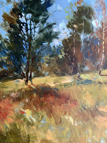 Vibrant impressionist oil painting Beginning of Autumn by Yuriy Suprunchuk forest scene