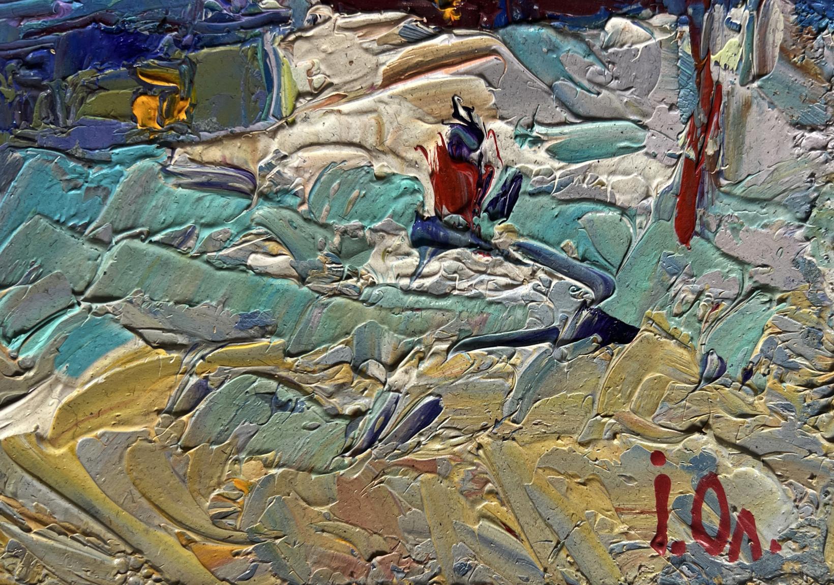 Oil painting Evening on the edge of the village by Oleksiy Ivanyuk, teal impressionist scene