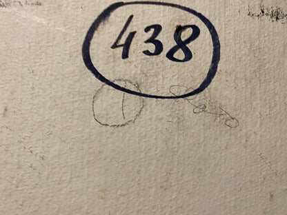 Back of Nikolay Rabotyagov oil painting with circled black number 438 on textured wall