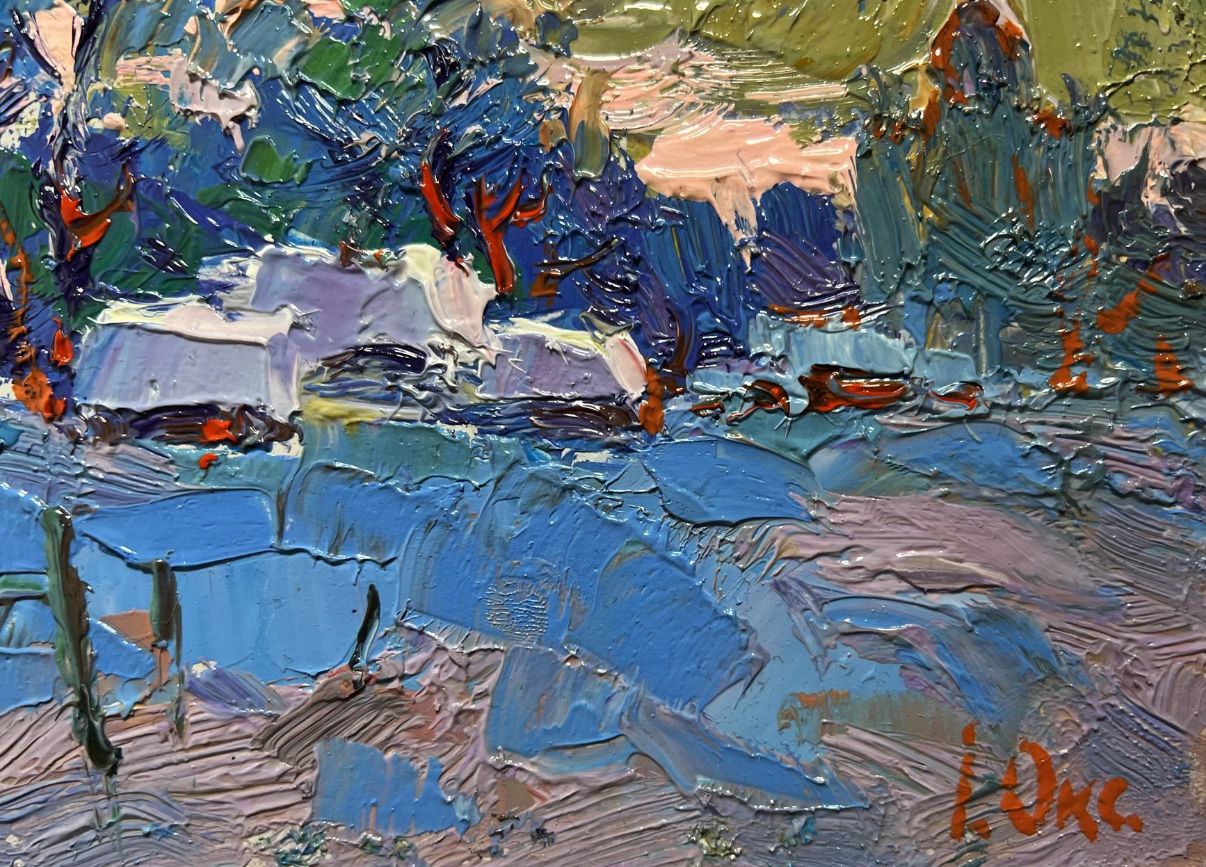 Oil painting Snowy village by Oksana Ivanyuk vibrant impressionist snowy landscape