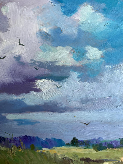 Oil painting In the village field by Yuriy Suprunchuk with swirling sky