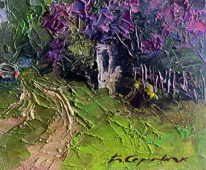 Oil painting Lilac growing in the village by Boris Serdyuk vibrant purple green impasto landscape