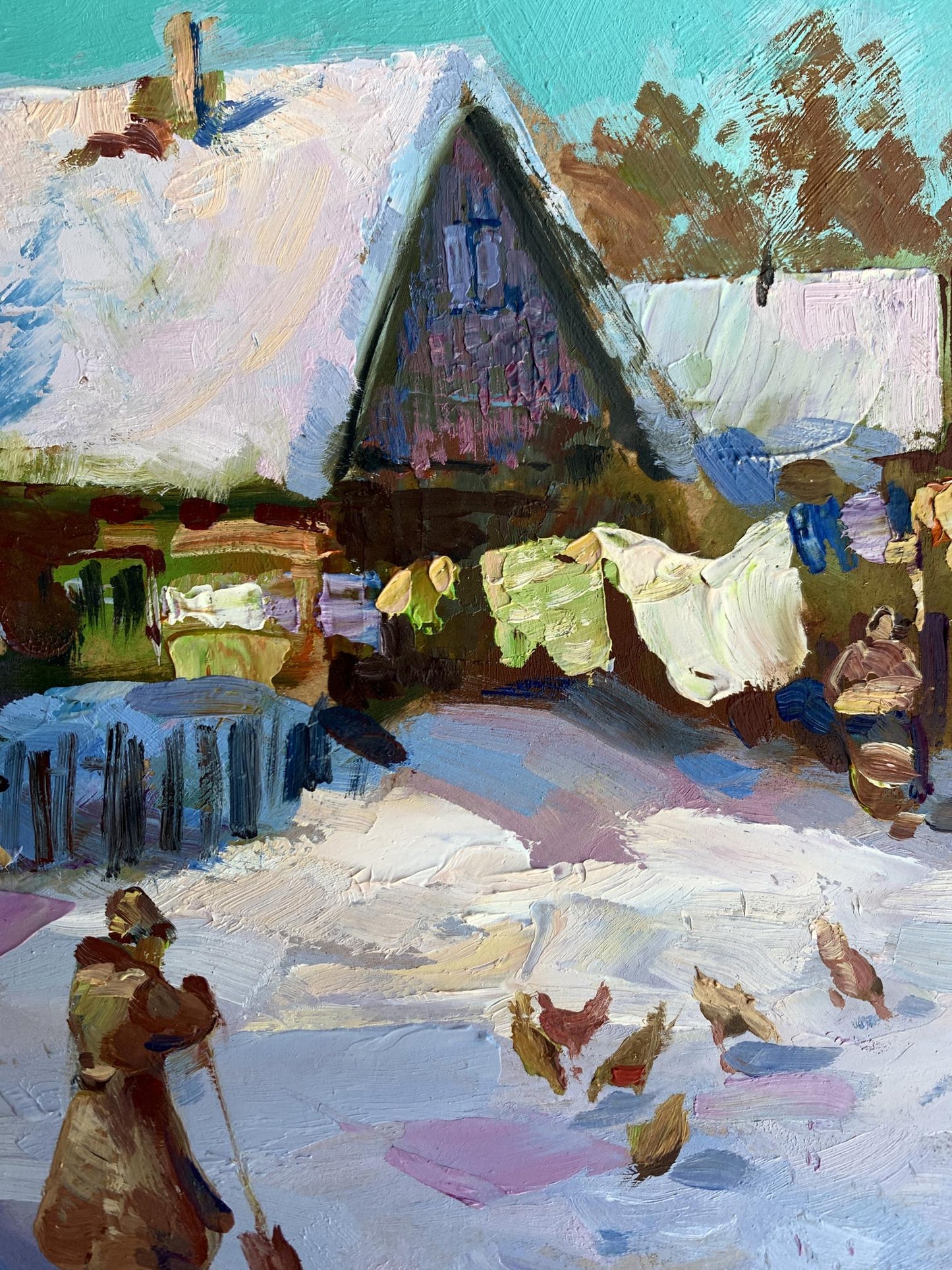 Snow-covered house with steep roof by Yuriy Suprunchuk oil painting