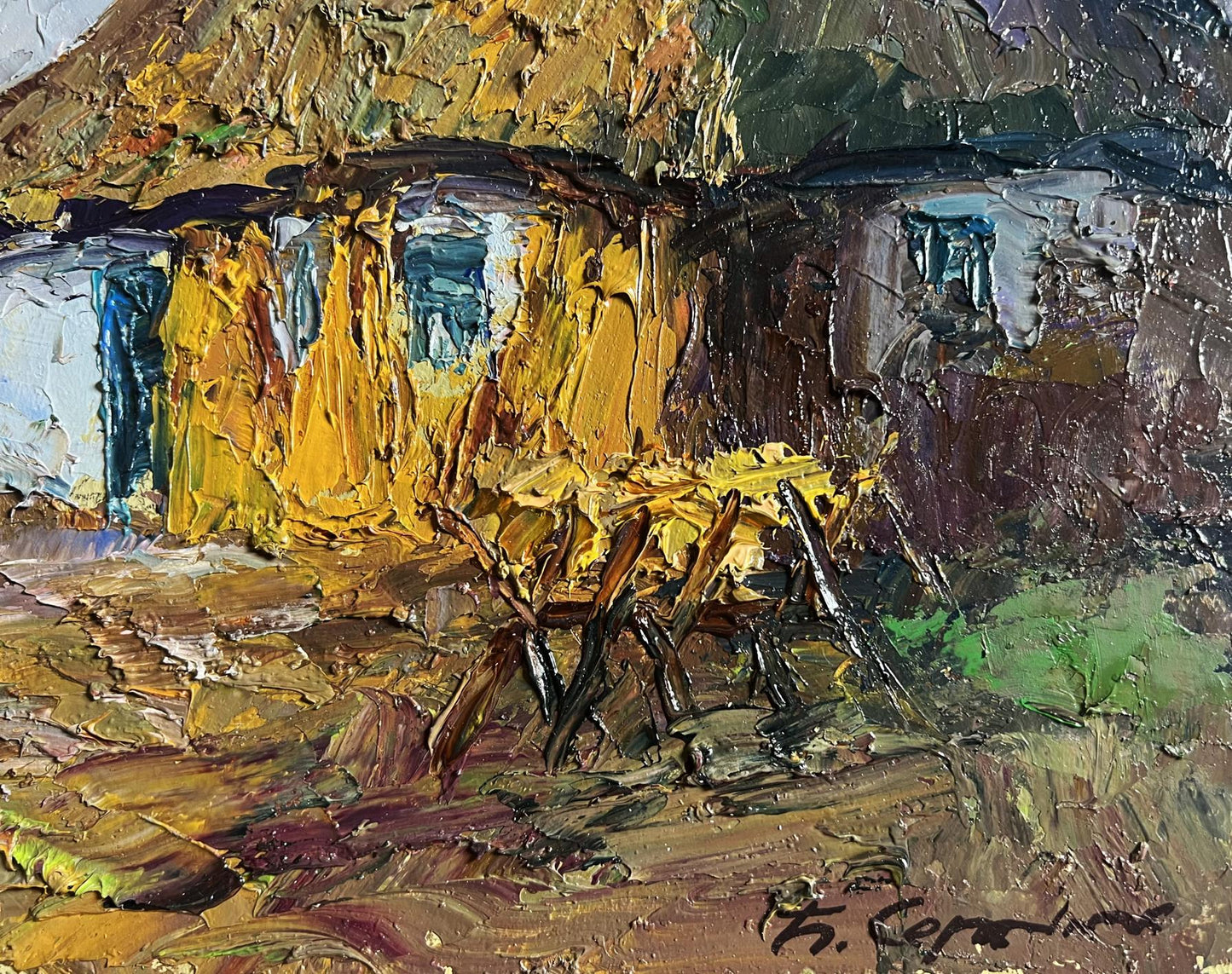 Impasto oil painting of Boris Serdyuk geese in yard, thatched cottage