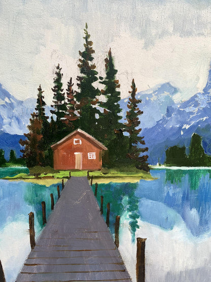 Oil painting of rustic red hut on lake by Tatyana Derdey