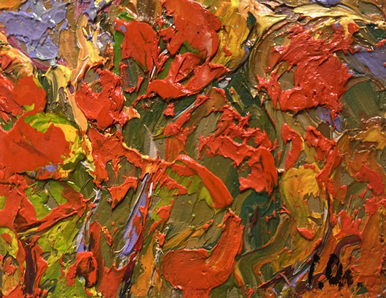 Oil painting Autumn Crimson by Oleksiy Ivanyuk with bold red green impasto