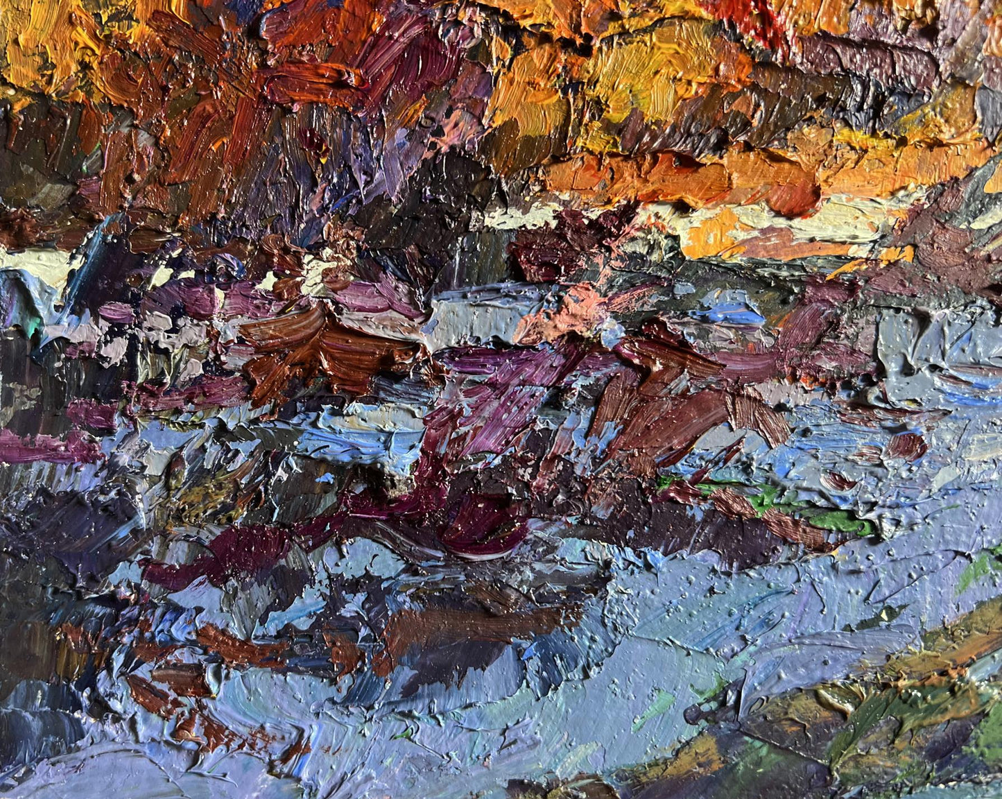 Oil painting The first snow fell by Boris Serdyuk in impasto oranges, purples, blues