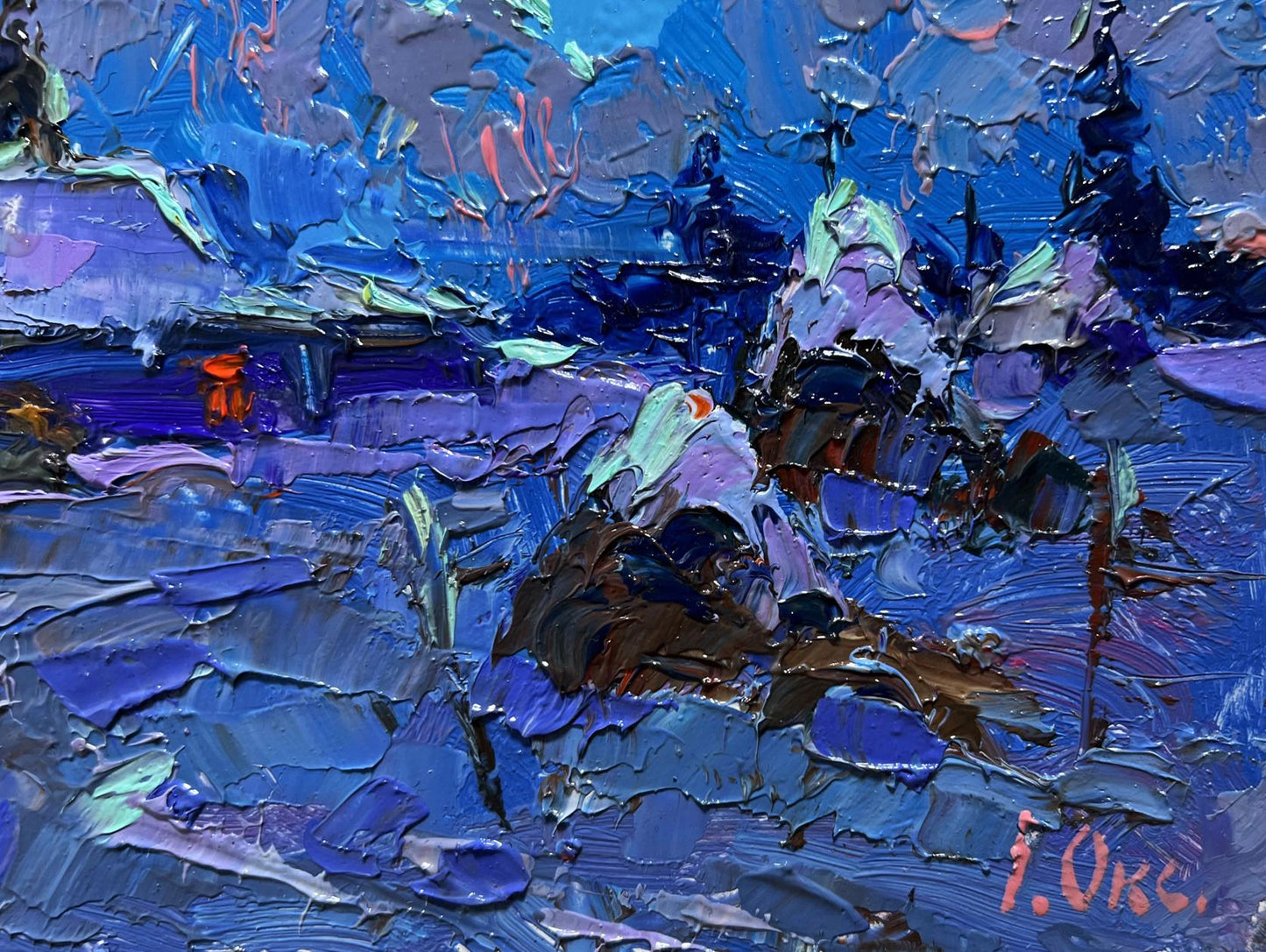 Oil painting Moonlit winter night by Oksana Ivanyuk, textured blue layers