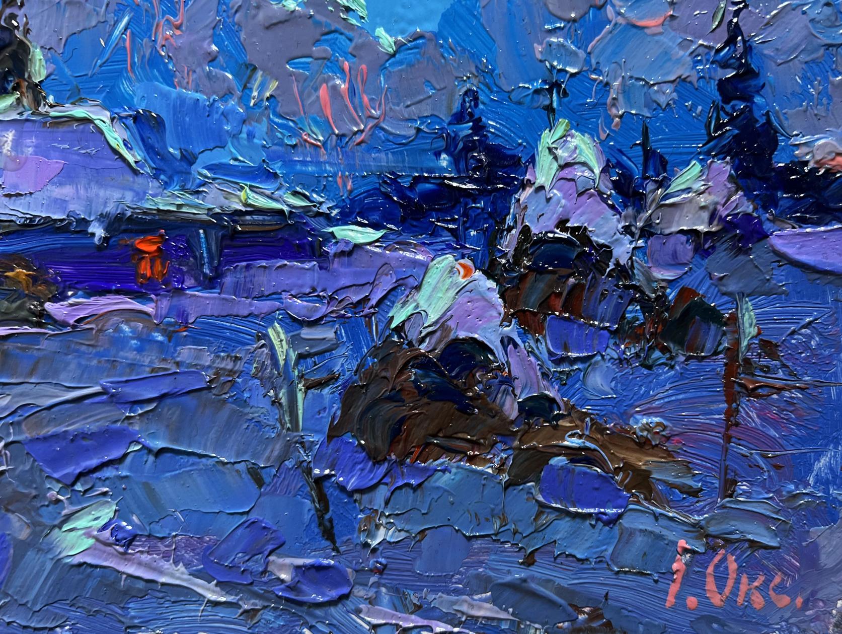 Oil painting Moonlit winter night by Oksana Ivanyuk, textured blue layers