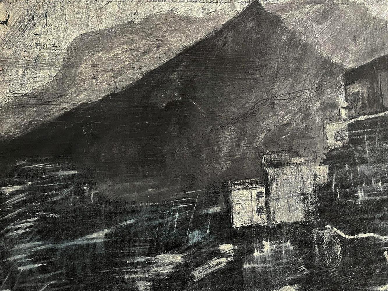 Textured charcoal sketch of Serhiy Kovalev Oil painting City Twilight landscape