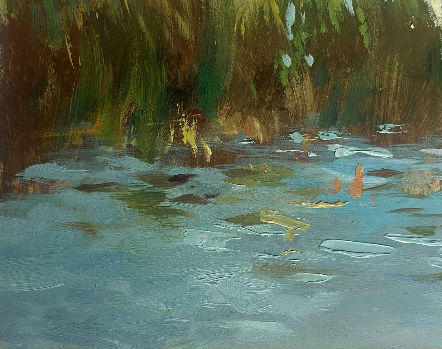 Oil painting Fishing among the reeds by Yuriy Suprunchuk impressionist waterway