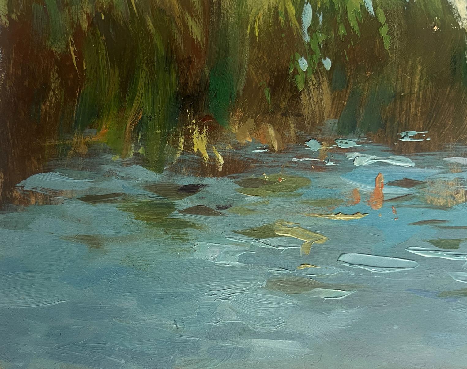 Oil painting Fishing among the reeds by Yuriy Suprunchuk impressionist waterway