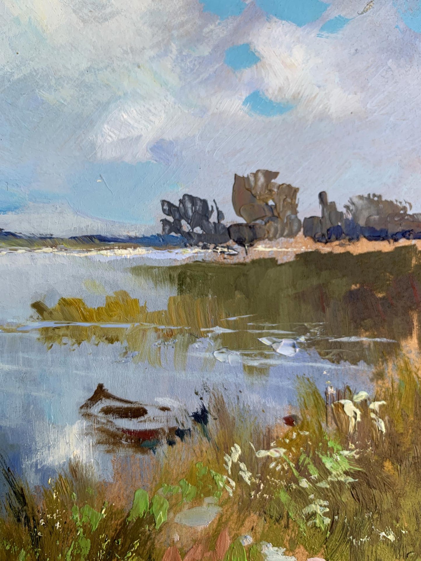 Oil painting by Yuriy Suprunchuk of rowboat on calm shore water enjoying nature