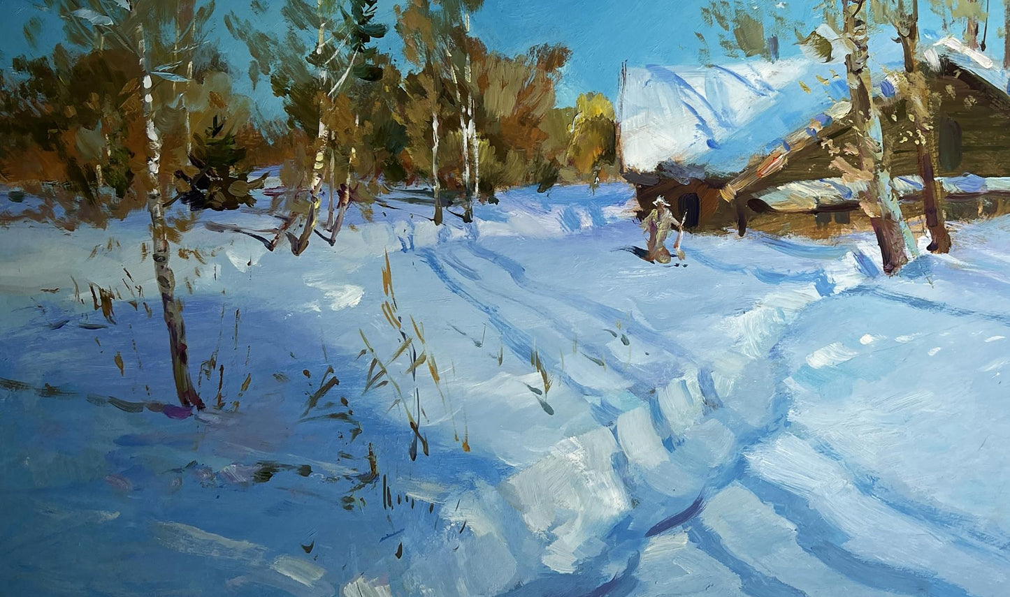 Oil painting of rustic snowy cabin among birches by Yuriy Suprunchuk