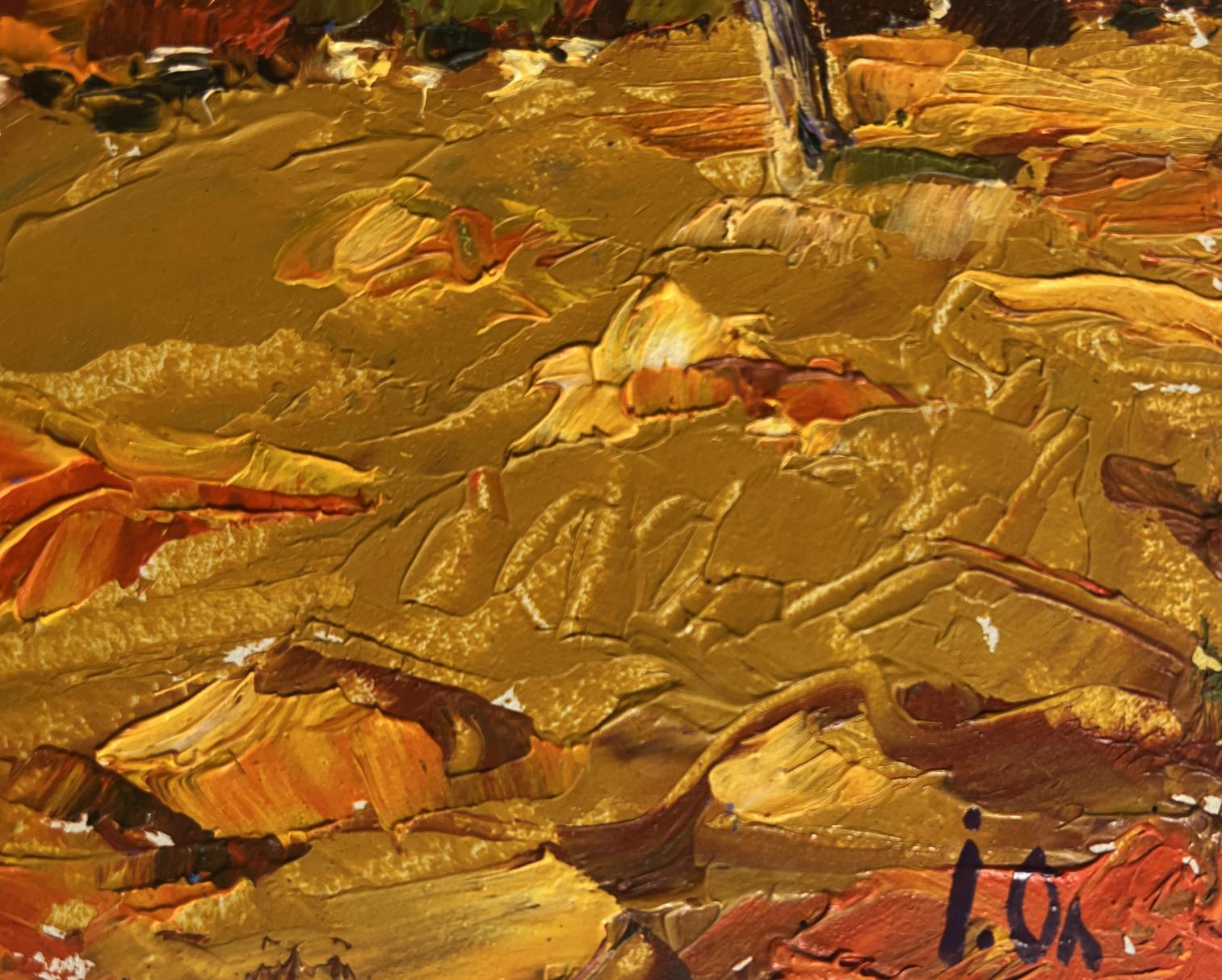 Textured impasto oil painting of orange sunset over mountains by Oleksiy Ivanyuk
