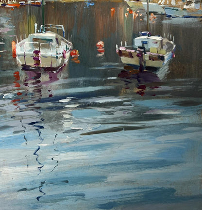 Oil painting Between the Sea and the Sky by Yuriy Suprunchuk: two white boats in harbor