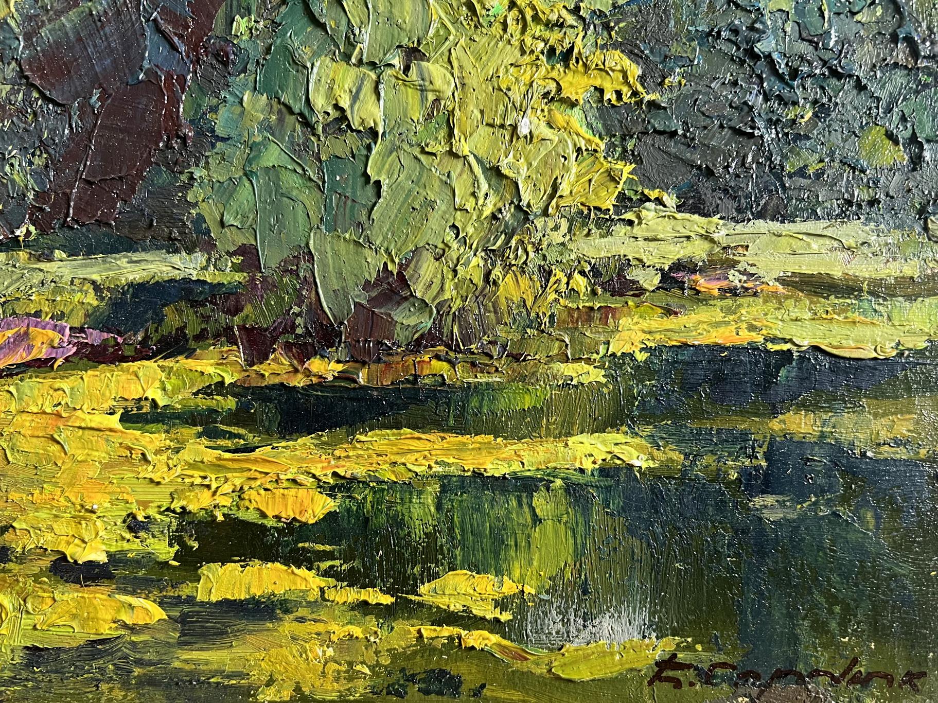 Oil painting In the Forest Pond by Boris Serdyuk textured tree reflection