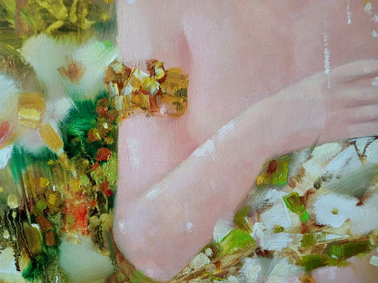 Golden textured bracelet on pink wrist in Eve Anatoly Tarabanov abstract oil painting