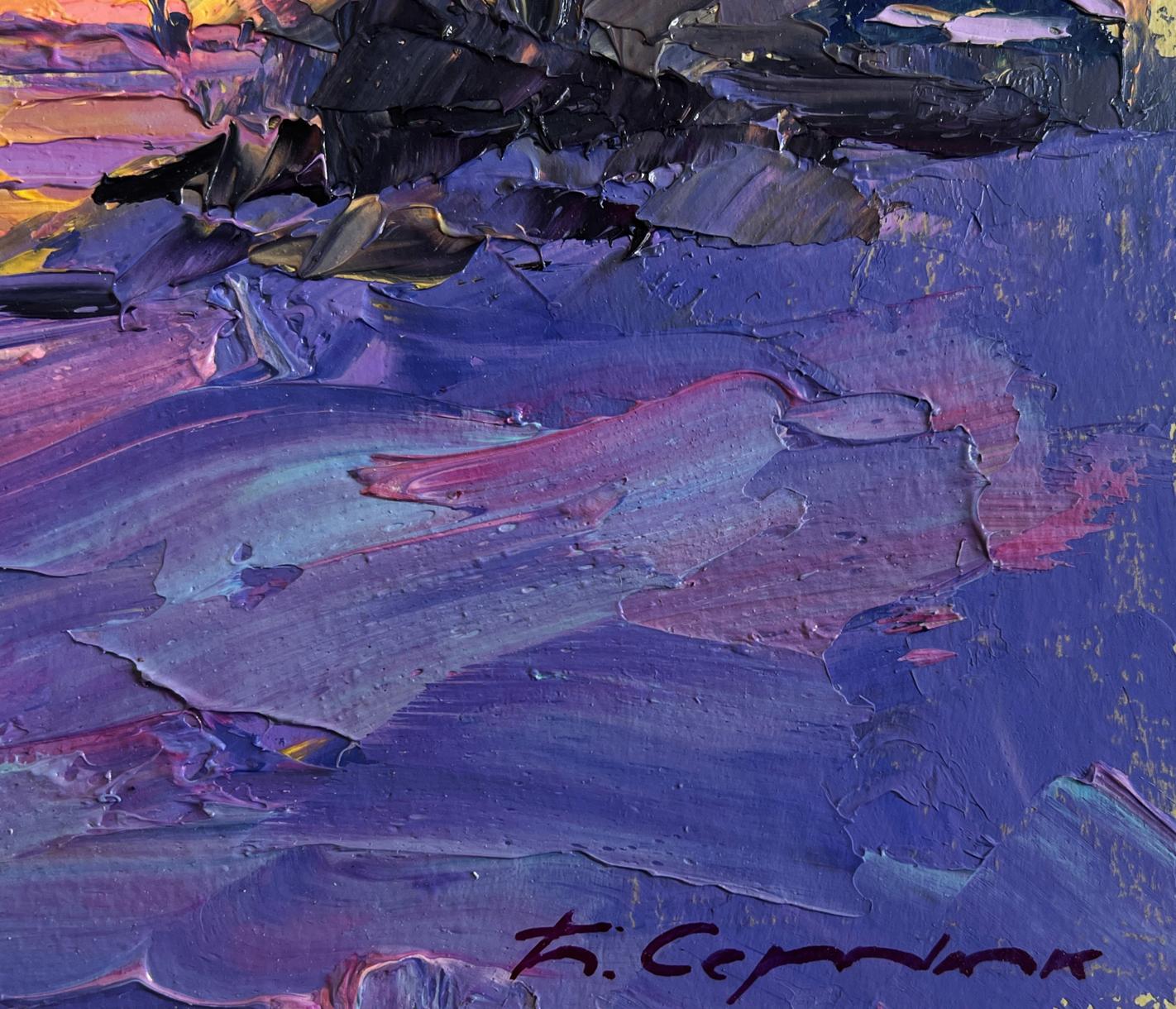 Oil painting The winter morning begins Boris Serdyuk with purple blue strokes