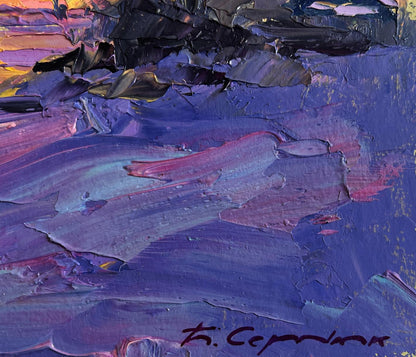 Oil painting The winter morning begins Boris Serdyuk with purple blue strokes