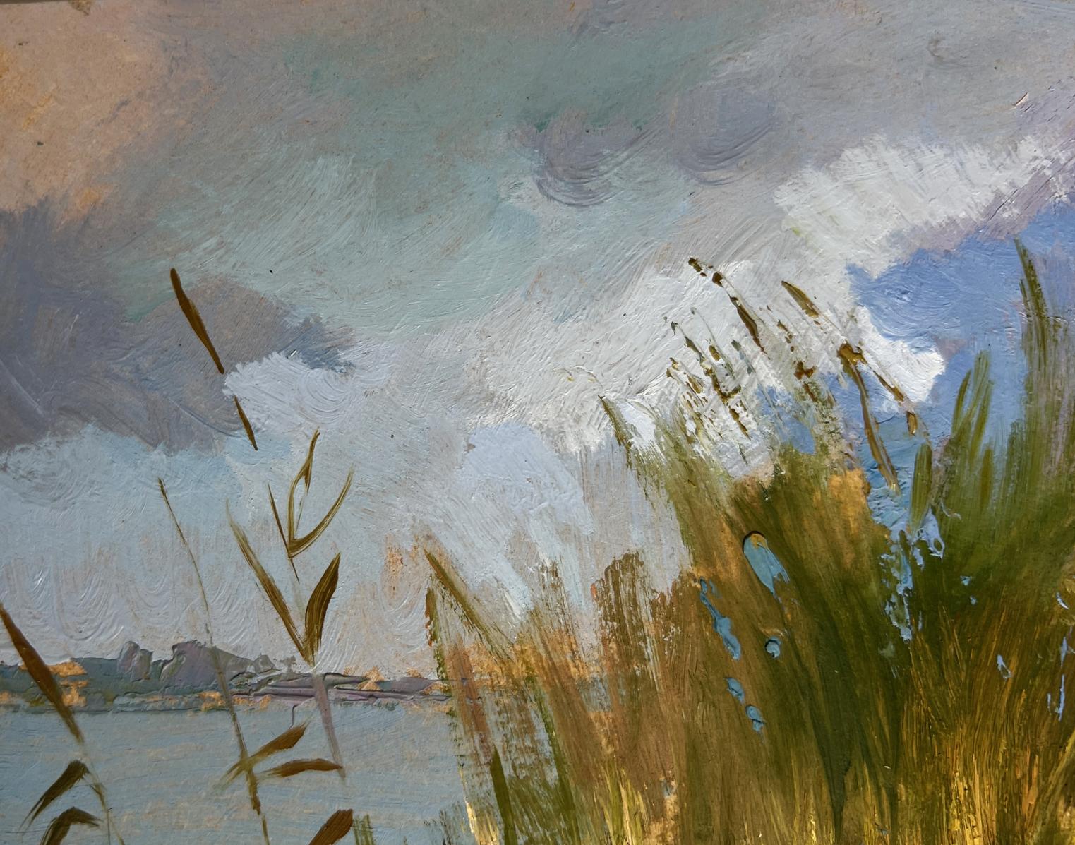 Oil painting of boat among swaying reeds by Yuriy Suprunchuk