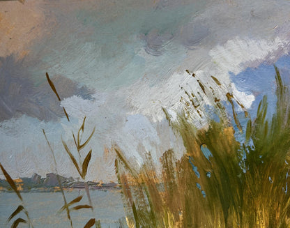Oil painting of boat among swaying reeds by Yuriy Suprunchuk