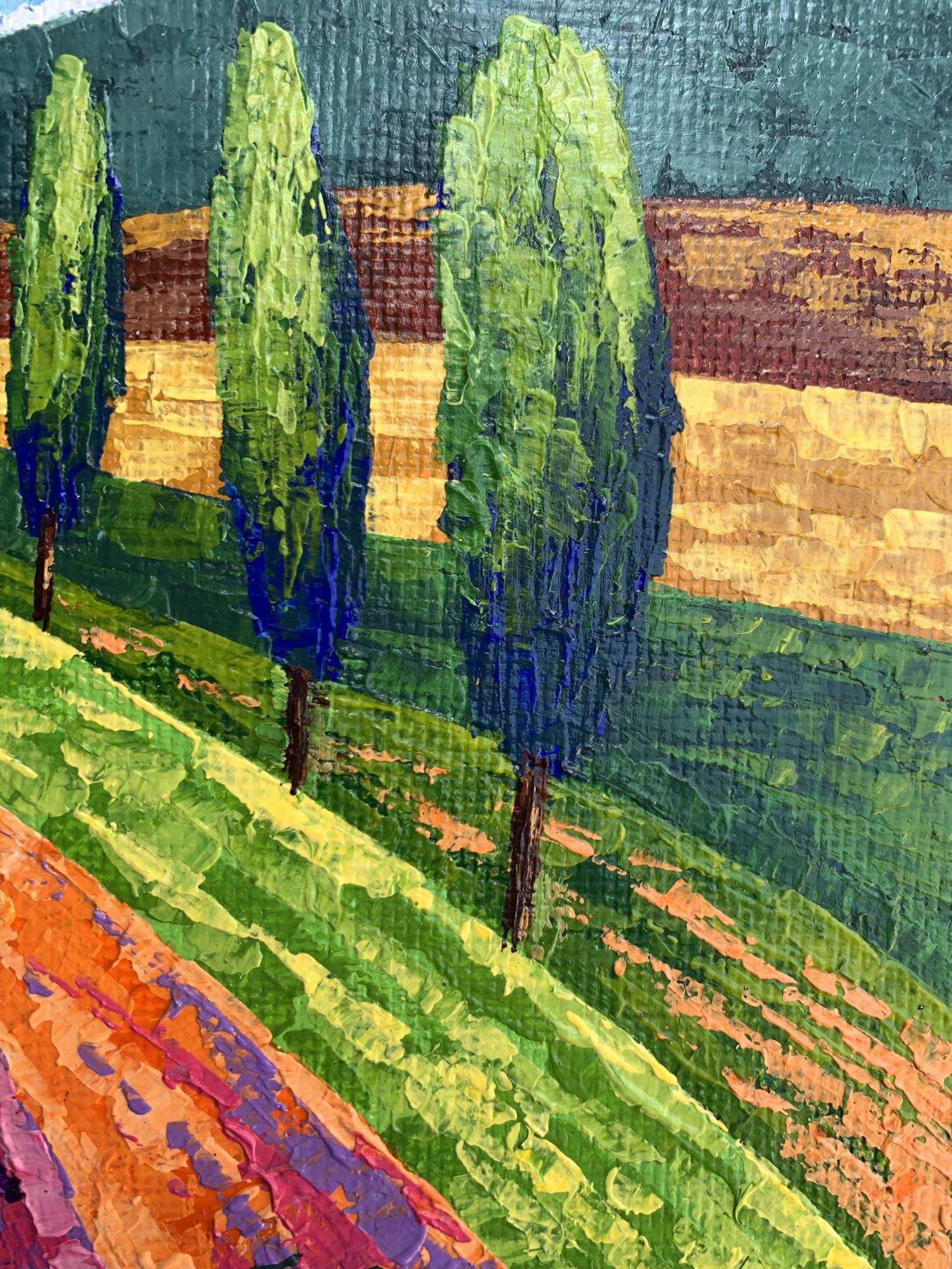 Oil painting Glade road to the mountains by V. Zadorozhnya with cypress trees