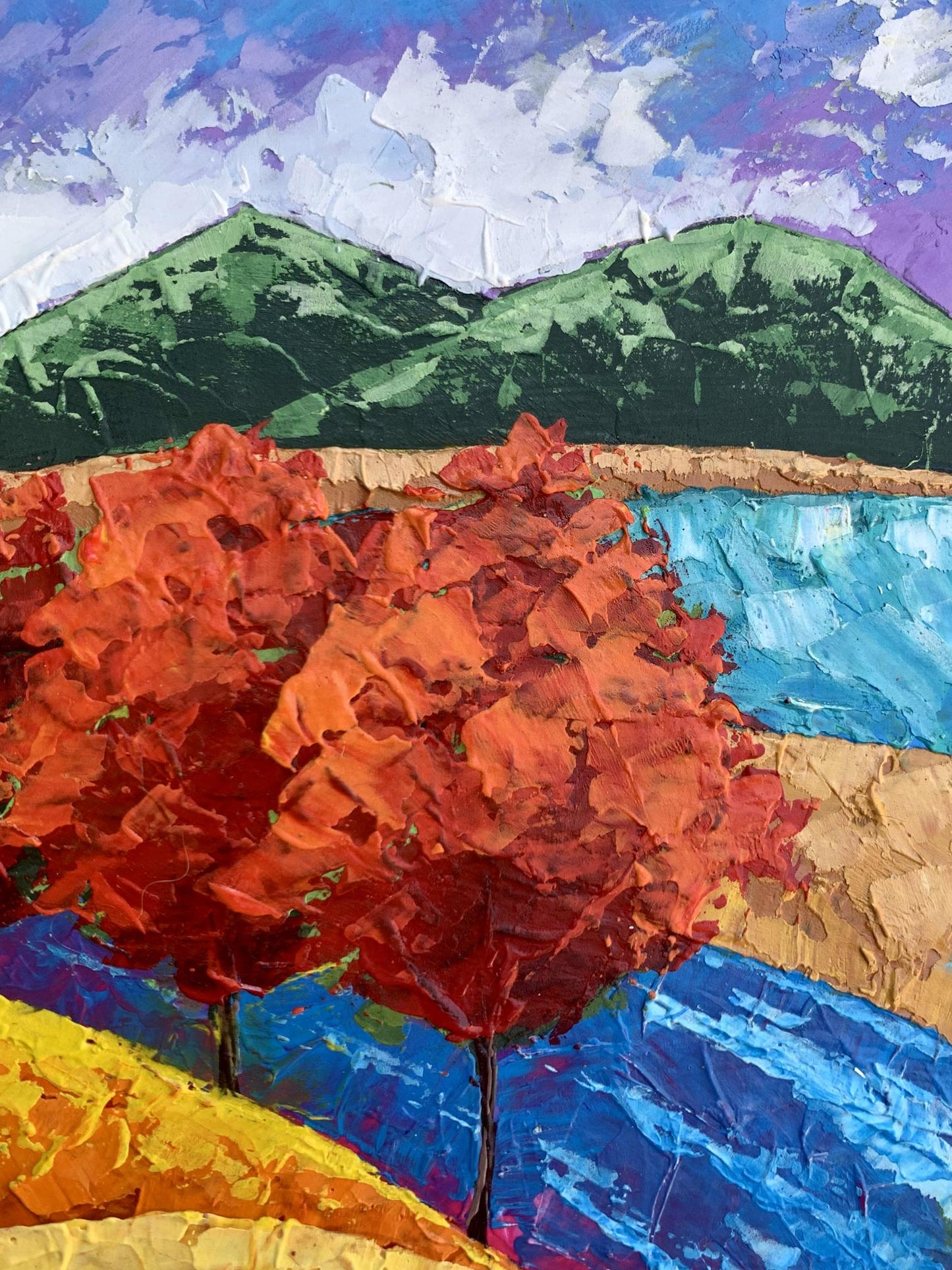 Vibrant impressionist oil painting of three autumn red trees and mountains by V. Zadorozhnya
