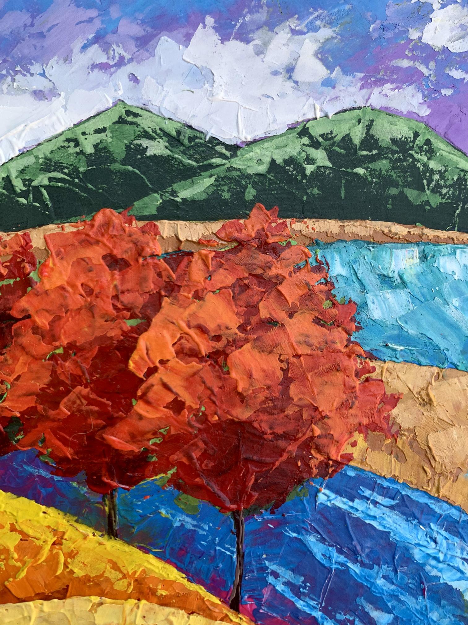 Vibrant impressionist oil painting of three autumn red trees and mountains by V. Zadorozhnya