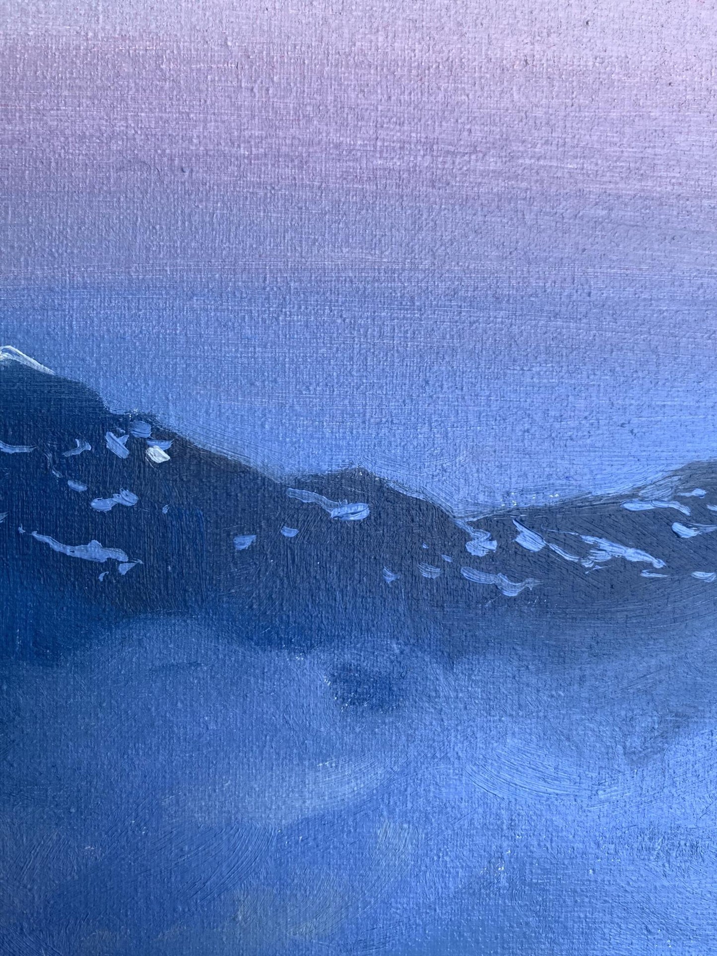 Oil painting Snowy mountains Tatyana Derdey serene blue purple peaks