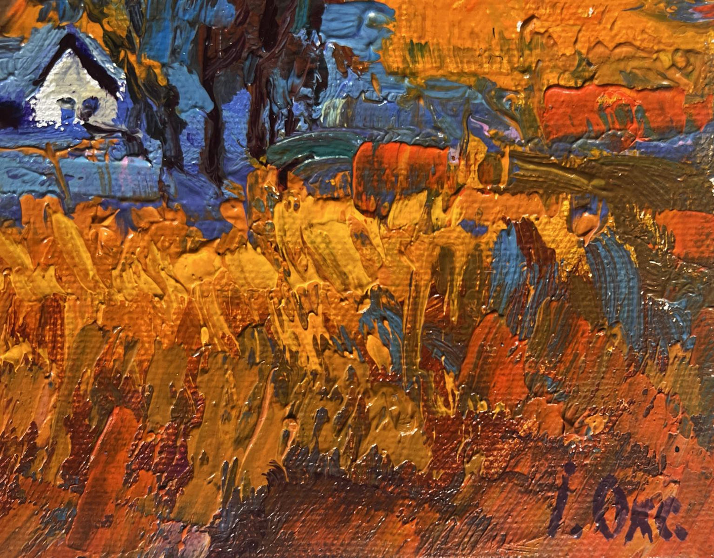 Vibrant impressionist oil painting of autumn village evening by Oksana Ivanyuk
